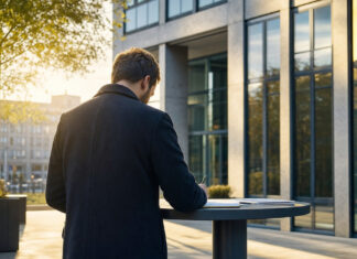 Person von hinten am Stehtisch neben Verlagshaus, eine Hand ordnet eine gedruckte Seite ein.