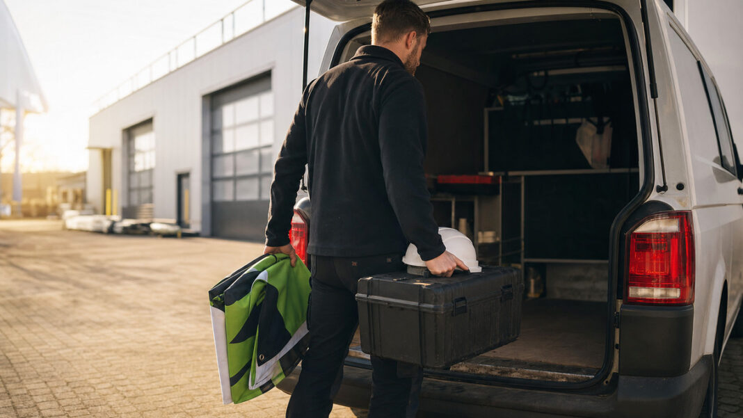 Vorbereitet ins Unternehmertum Gründer lädt Werkzeugkiste und Helm aus einem Transporter im Morgenlicht.