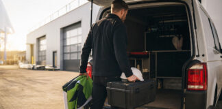 Gründer lädt Werkzeugkiste und Helm aus einem Transporter im Morgenlicht.
