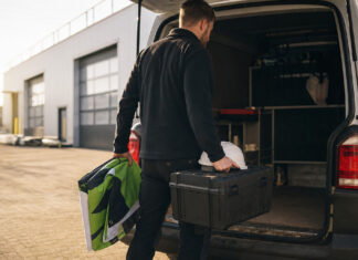 Gründer lädt Werkzeugkiste und Helm aus einem Transporter im Morgenlicht.