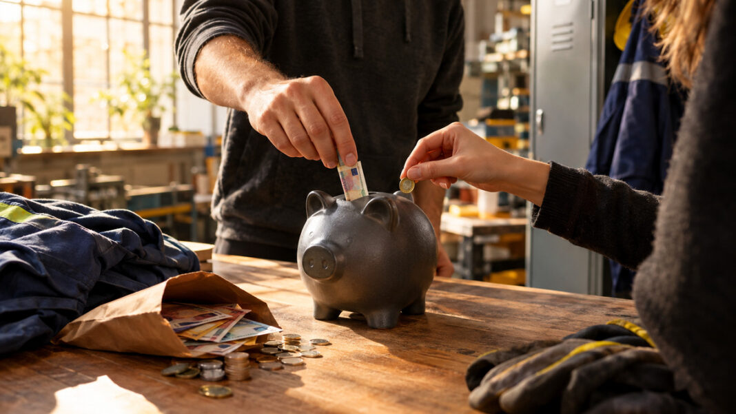 Lohnsteuern sparen mit Spardose Gründerhaende legen Geld in eine Spardose neben Lohntuete, Spind und Arbeitskleidung