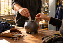 Wie du Lohnsteuern sparen und sinnvoll für dein Startup einsetzen kannst Gründerhaende legen Geld in eine Spardose neben Lohntuete, Spind und Arbeitskleidung