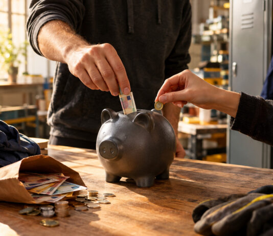 Gründerhaende legen Geld in eine Spardose neben Lohntuete, Spind und Arbeitskleidung