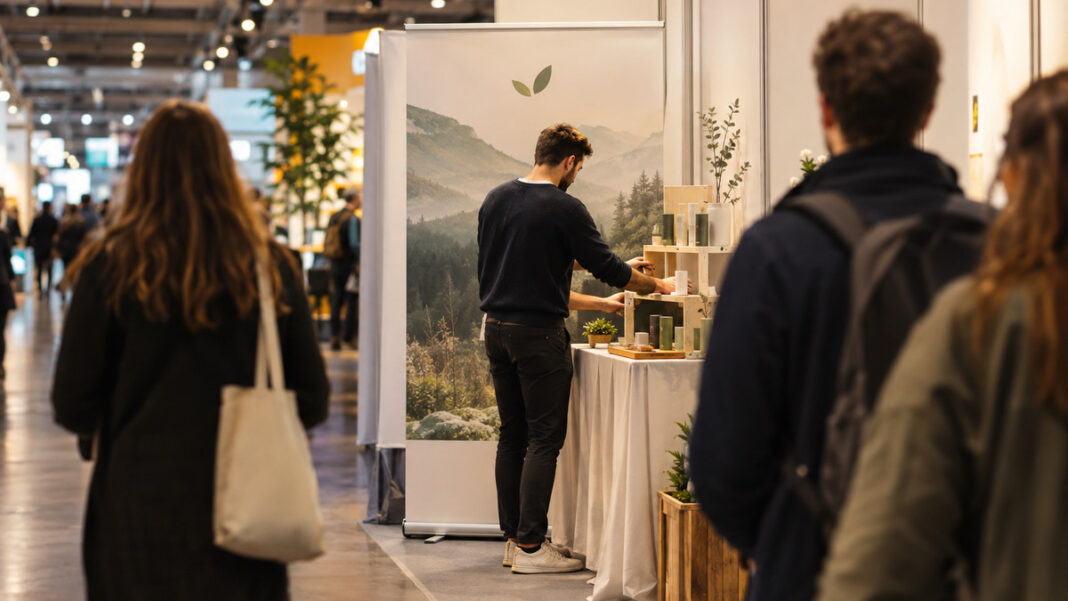 Gründer richtet einen kleinen Messestand in einer Messehalle ein, Besucher nähern sich im Hintergrund.