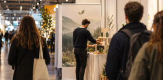 Gründer richtet einen kleinen Messestand in einer Messehalle ein, Besucher nähern sich im Hintergrund.