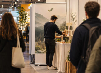 Messen & POS: Wie man auch mit kleinem Marketing-Budget auffällt Gründer richtet einen kleinen Messestand in einer Messehalle ein, Besucher nähern sich im Hintergrund.