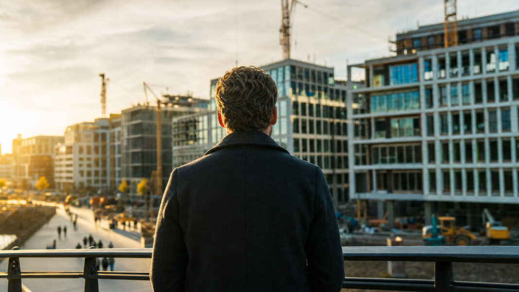 Gründer von hinten blickt auf ein modernes Viertel mit Baustellen und Aufbruchsstimmung im Morgenlicht.