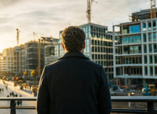 Was deutsche Startup Gründer denken Gründer von hinten blickt auf ein modernes Viertel mit Baustellen und Aufbruchsstimmung im Morgenlicht.