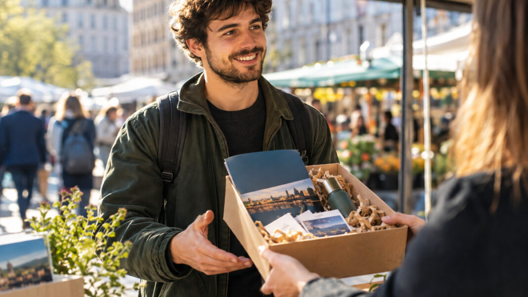 Gründer erhält am Infostand ein Willkommenspaket auf einem Stadtmarkt im Tageslicht