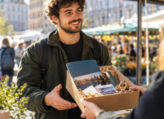 Gründer erhält am Infostand ein Willkommenspaket auf einem Stadtmarkt im Tageslicht