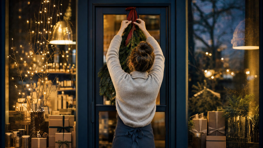 Weihnachtlicher Start in der Manufaktur Gründerin hängt einen Tannenzweig an die Tür einer Manufaktur, mit warmen Weihnachtslichtern.