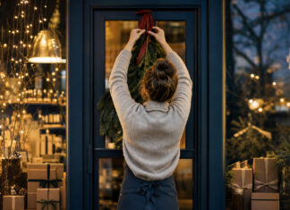 Es weihnachtet sehr… Gründerin hängt einen Tannenzweig an die Tür einer Manufaktur, mit warmen Weihnachtslichtern.