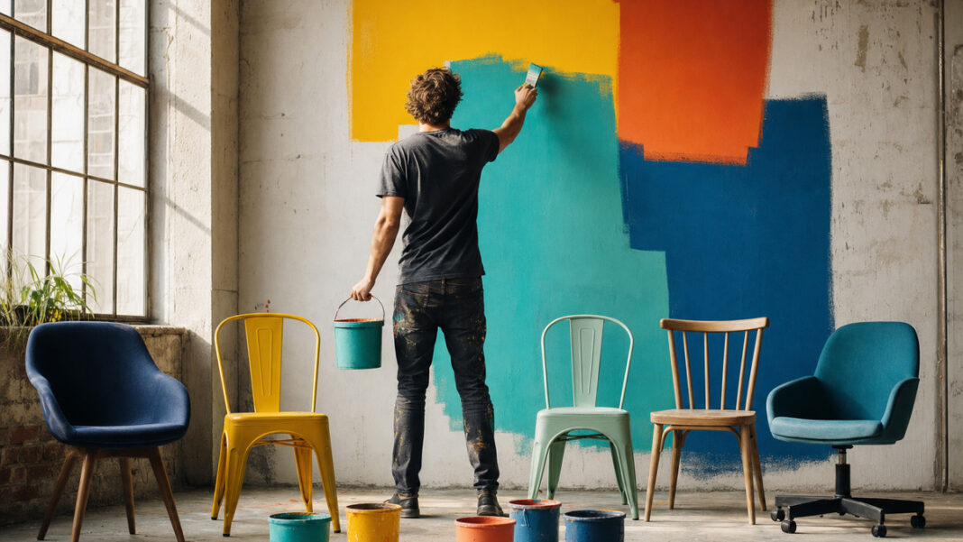 Multikulti im Startup Gründer streicht eine Werkstattwand in mehreren Farben, daneben stehen unterschiedliche Stühle.