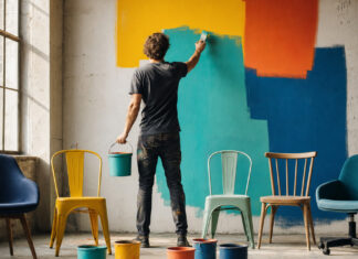 Gründer streicht eine Werkstattwand in mehreren Farben, daneben stehen unterschiedliche Stühle.