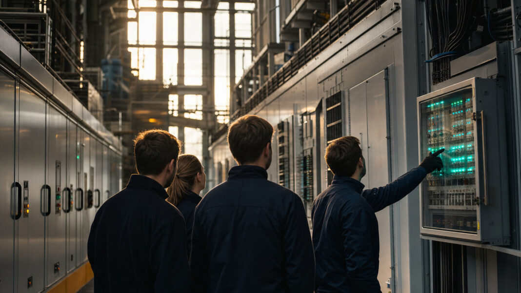 EnergyCortex in der Energiezentrale Techniker zeigt auf eine Steuerbox in einer Industrie-Energiezentrale mit Schaltanlagen