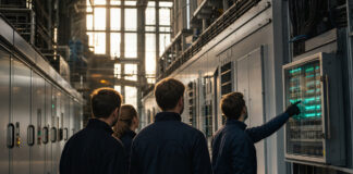 Techniker zeigt auf eine Steuerbox in einer Industrie-Energiezentrale mit Schaltanlagen