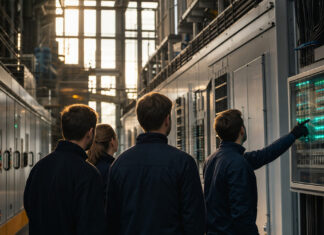Techniker zeigt auf eine Steuerbox in einer Industrie-Energiezentrale mit Schaltanlagen