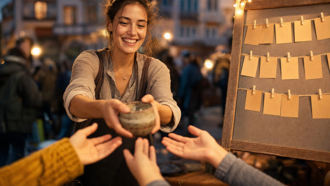 Gründerin übergibt ein Produkt an Unterstützerhände auf einem Marktplatz bei warmem Abendlicht.