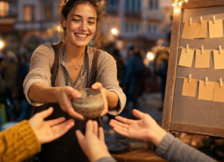 Gründerin übergibt ein Produkt an Unterstützerhände auf einem Marktplatz bei warmem Abendlicht.
