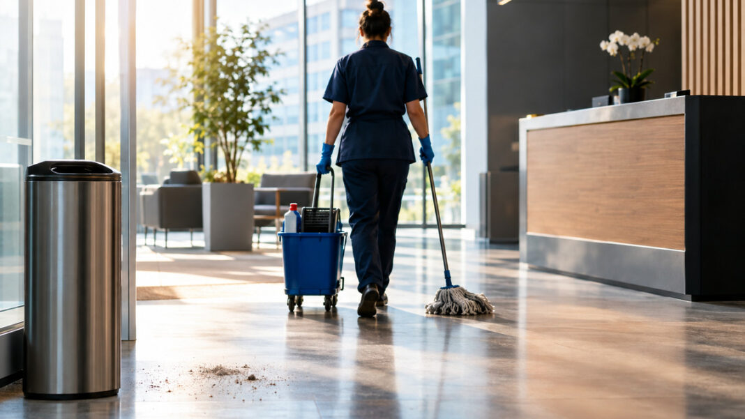 Reinigungskraft mit Eimer und Wischmopp in einem Empfangsbereich, daneben ein leerer Mülleimer und staubiger Boden