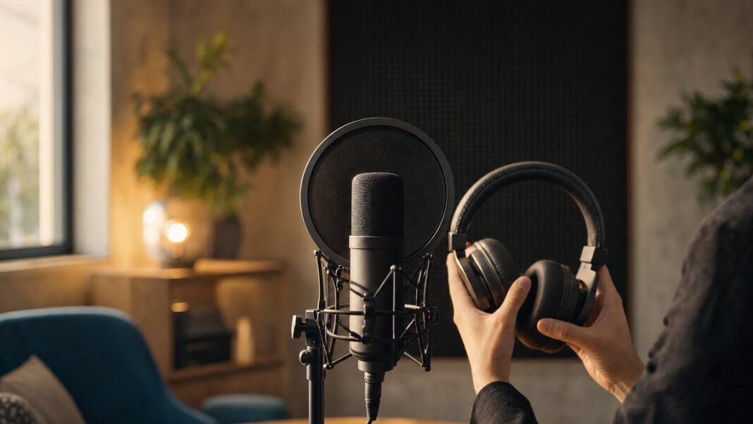 Mikrofon im Podcast-Studio mit einer Hand am Kopfhörer im warmen Fensterlicht