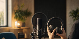 Mikrofon im Podcast-Studio mit einer Hand am Kopfhörer im warmen Fensterlicht