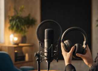 Mikrofon im Podcast-Studio mit einer Hand am Kopfhörer im warmen Fensterlicht