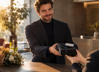 Gründer überreicht eine Geschenkschachtel am Empfangstresen an einen Geschäftspartner