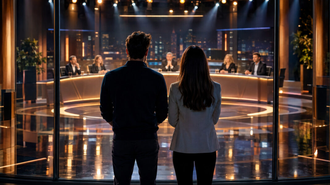 Von hinten sichtbare Gründer vor einem Fernsehstudio mit beleuchteter Bühne und Investorentisch