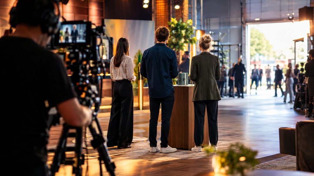 Höhle der Löwen Staffel 2 Gründerteam mit Produktkarton in einer TV-Studio-Halle, Kamerastand und helles Licht
