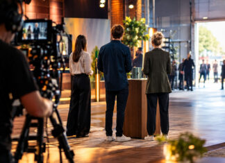 Gründerteam mit Produktkarton in einer TV-Studio-Halle, Kamerastand und helles Licht