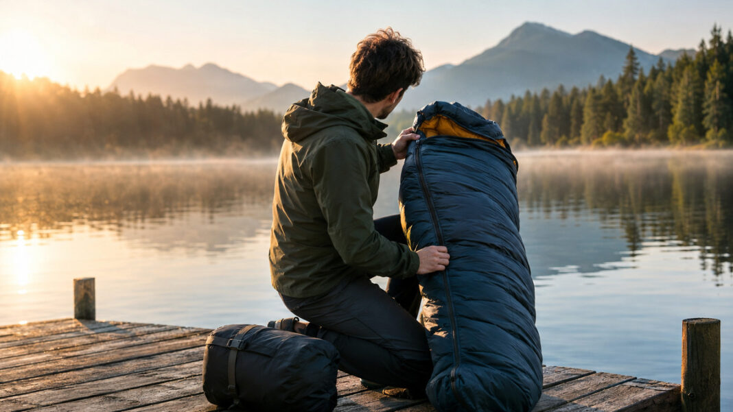 Schlafsack-Produkttest am See Gründer prüft auf einem Steg am See einen Schlafsack im Morgenlicht