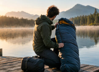 Gründer prüft auf einem Steg am See einen Schlafsack im Morgenlicht