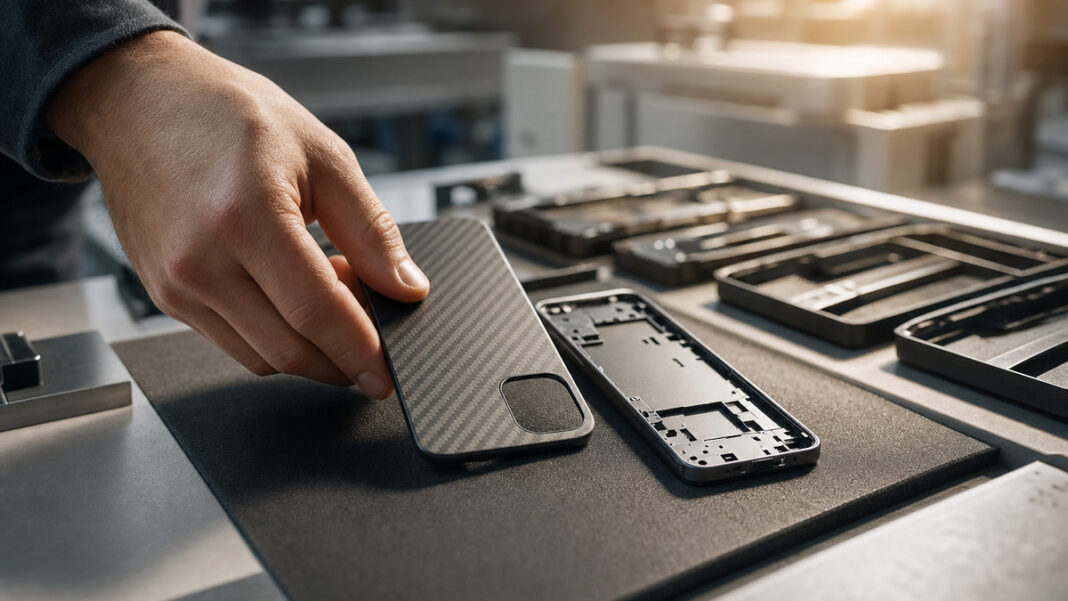 Hand legt Karbonfaser-Gehäuse neben Smartphone-Chassis in einer Werkstatt