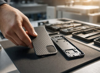 Hand legt Karbonfaser-Gehäuse neben Smartphone-Chassis in einer Werkstatt