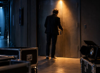 Das (bisherige) Finale – Die Höhle der Löwen Monitor 2020 – Staffel 6 Geschlossene Studiotür mit einem brennenden Spot davor und leeren Koffern auf dem Gang