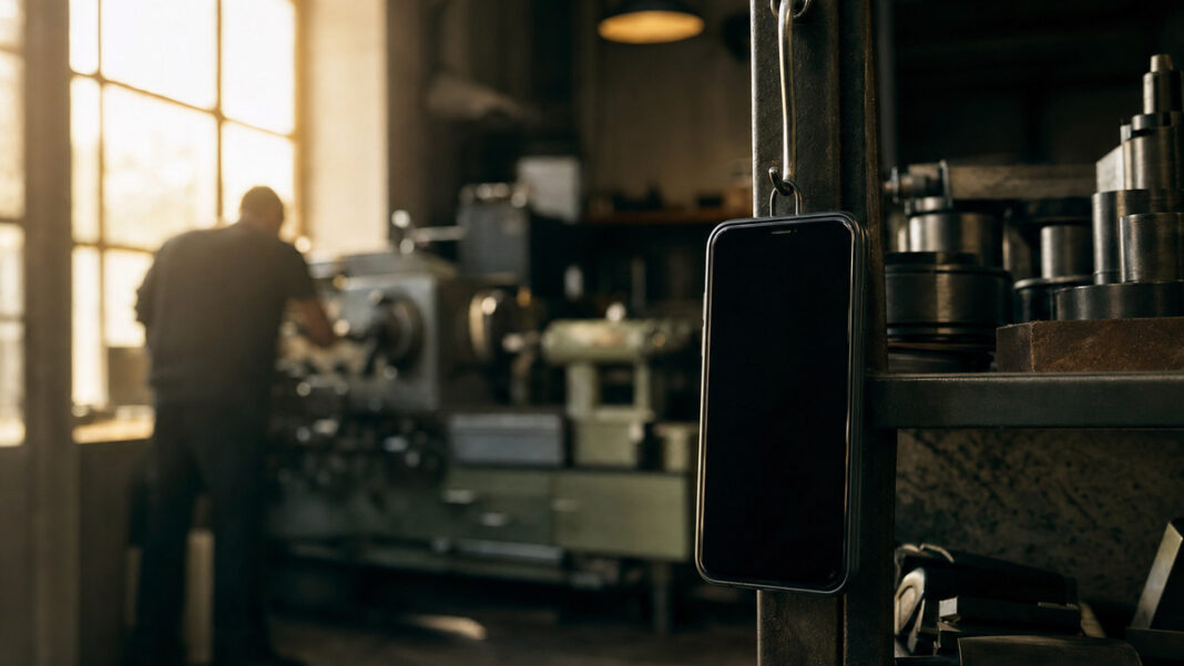 Werkstatt mit aufgehängtem Smartphone und einer arbeitenden Silhouette im Hintergrund