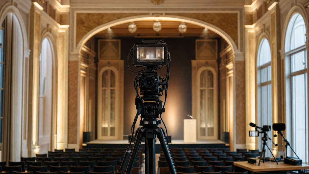 GACon Livestream im Kongresssaal Kamera auf Stativ vor Bühne in Kongresssaal, daneben Livestream-Setup mit warmem Tageslicht