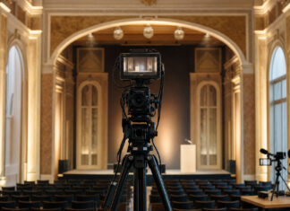 GACon aufgrund von Corona erstmalig auch per Livestream besuchbar Kamera auf Stativ vor Bühne in Kongresssaal, daneben Livestream-Setup mit warmem Tageslicht