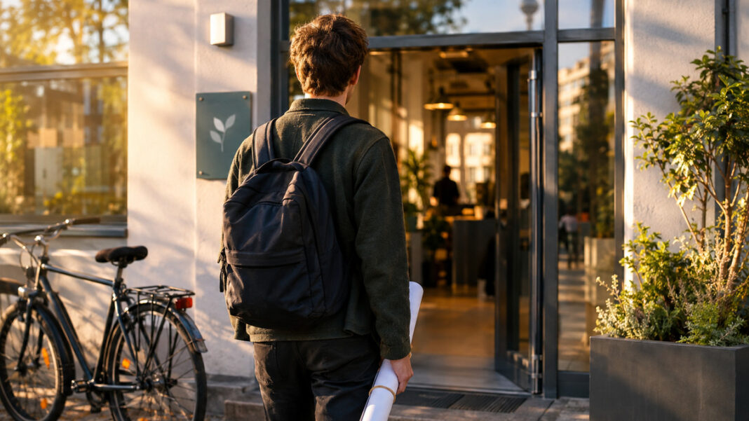Junger Mensch vor einem Gründerzentrum mit Abschlussmappe, Fahrrad und warmem Abendlicht