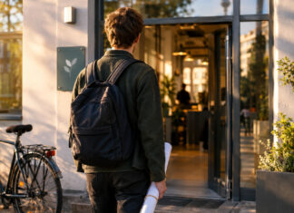 Junger Mensch vor einem Gründerzentrum mit Abschlussmappe, Fahrrad und warmem Abendlicht