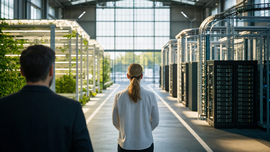 Frauen in Finanz und IT Frau von hinten zwischen wenigen Männern in einer Werkhalle mit Technik und Pflanzenmodulen