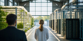 Frau von hinten zwischen wenigen Männern in einer Werkhalle mit Technik und Pflanzenmodulen