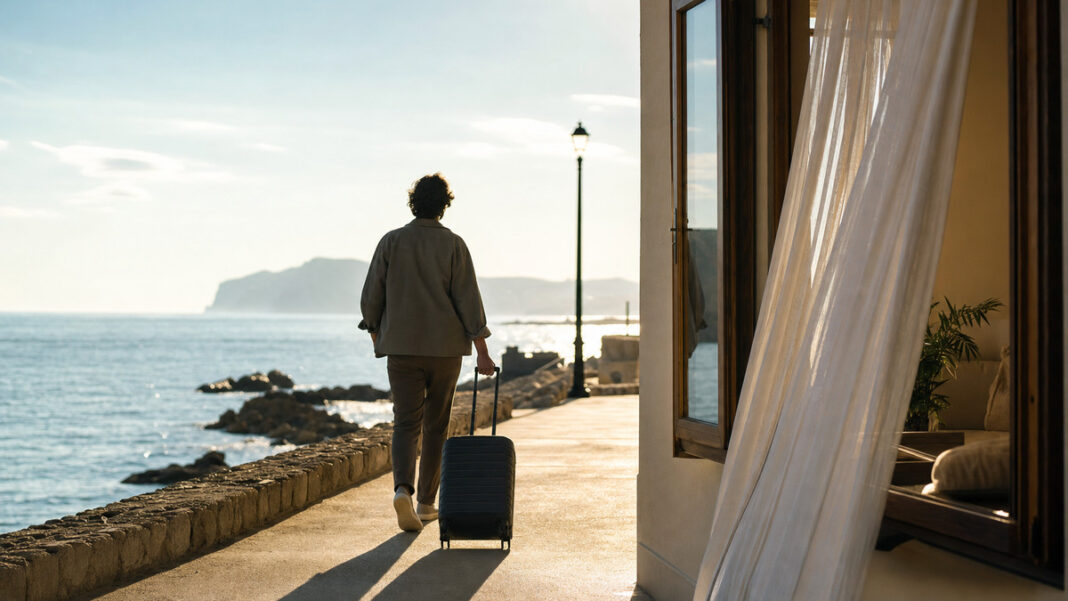 Person von hinten mit Rollkoffer auf leerer Strandpromenade neben hellem Zimmerfenster im Morgenlicht