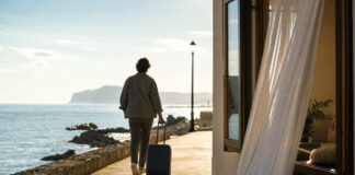 Person von hinten mit Rollkoffer auf leerer Strandpromenade neben hellem Zimmerfenster im Morgenlicht