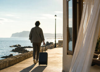 Person von hinten mit Rollkoffer auf leerer Strandpromenade neben hellem Zimmerfenster im Morgenlicht