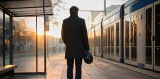 Mann von hinten an leerer Haltestelle mit stillstehendem Zug im Morgenlicht