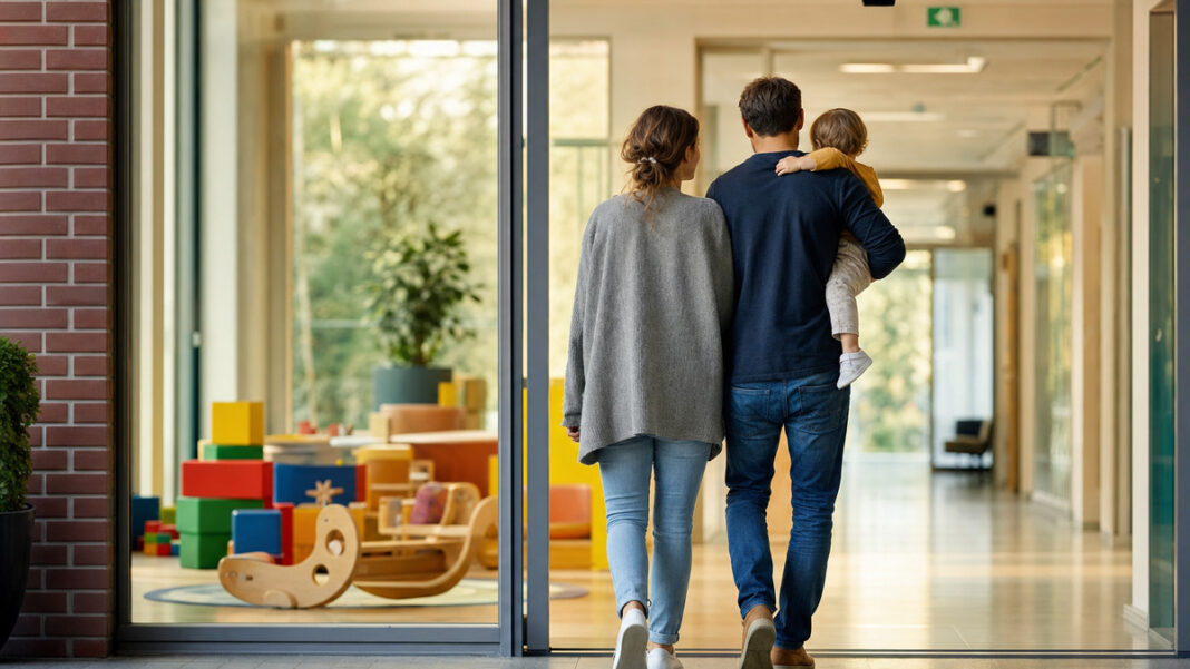 Krankenhaus und Kinderbetreuung Eltern mit Kleinkind am Eingang eines Krankenhauses, im Hintergrund eine leere Kinderbetreuungsecke.