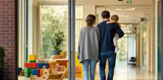 Eltern mit Kleinkind am Eingang eines Krankenhauses, im Hintergrund eine leere Kinderbetreuungsecke.