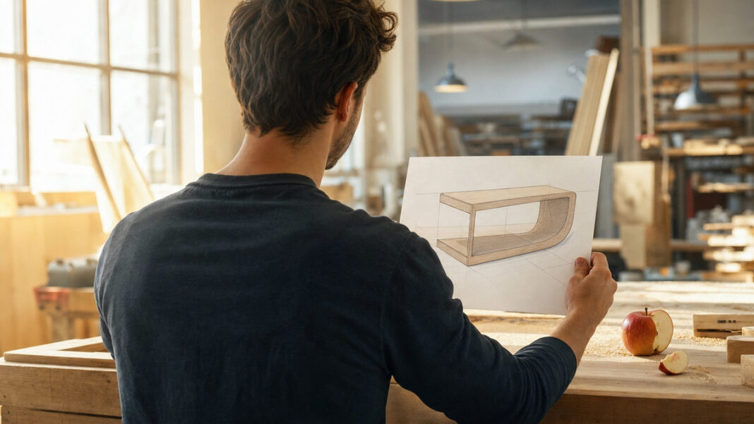 Gründer von hinten mit Holzmodell und angeschnittenem Apfel in heller Werkstatt